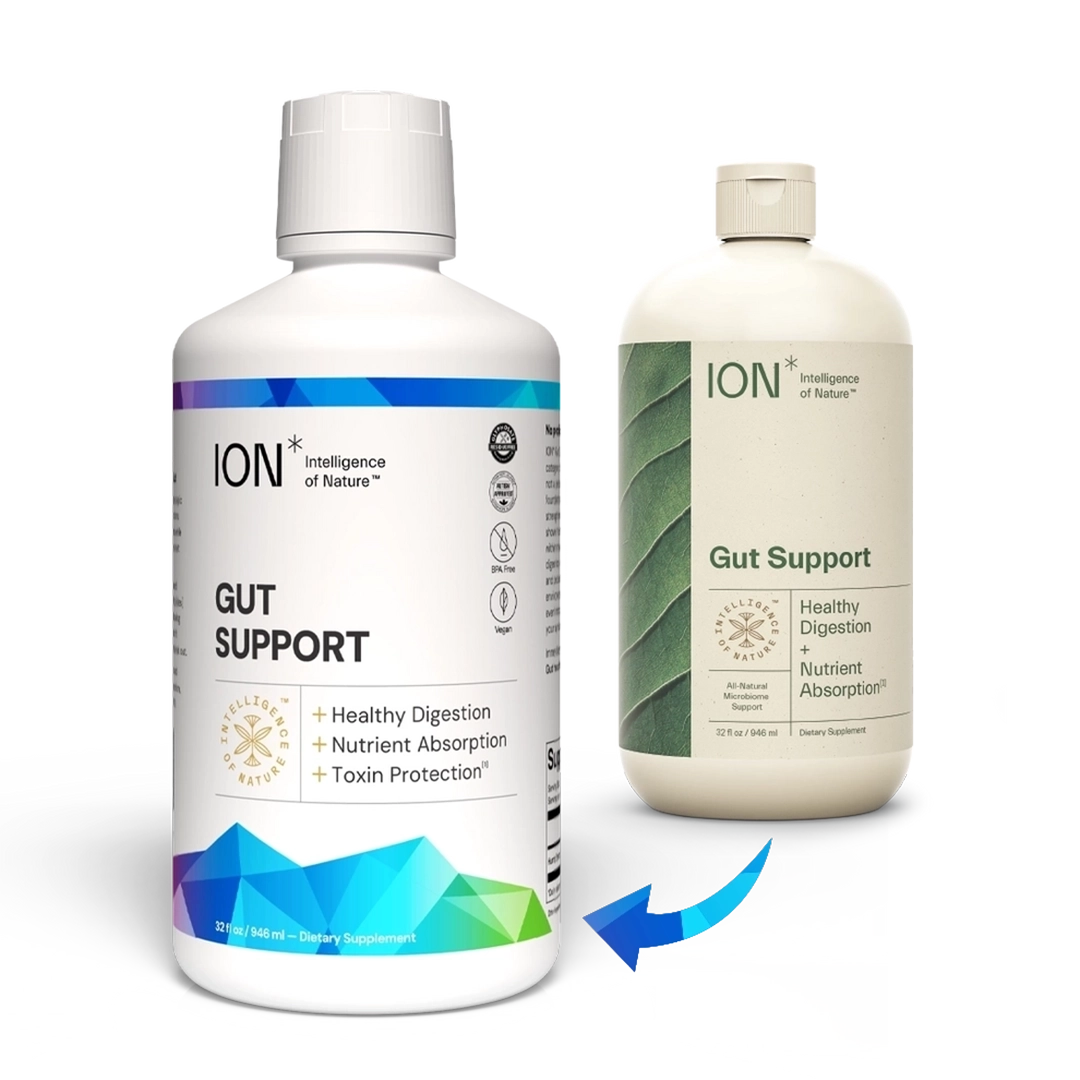 ION Gut Support bottle with new label + bottle with old label in background