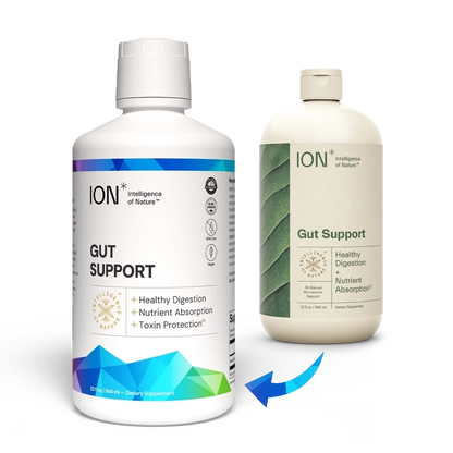 ION Gut Support bottle with new label + bottle with old label in background