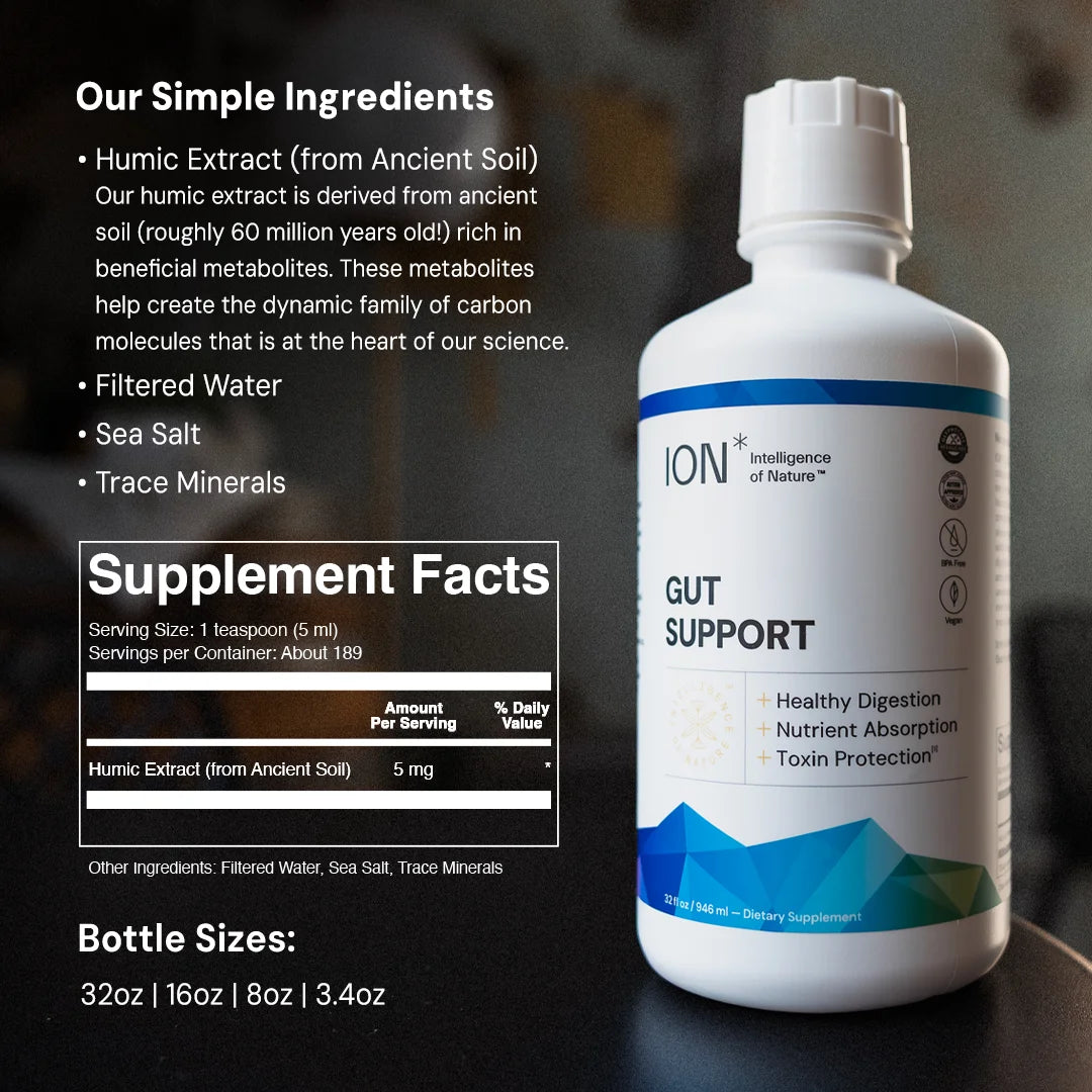 ION Gut Support supplement bottle with ingredient list and supplement facts
