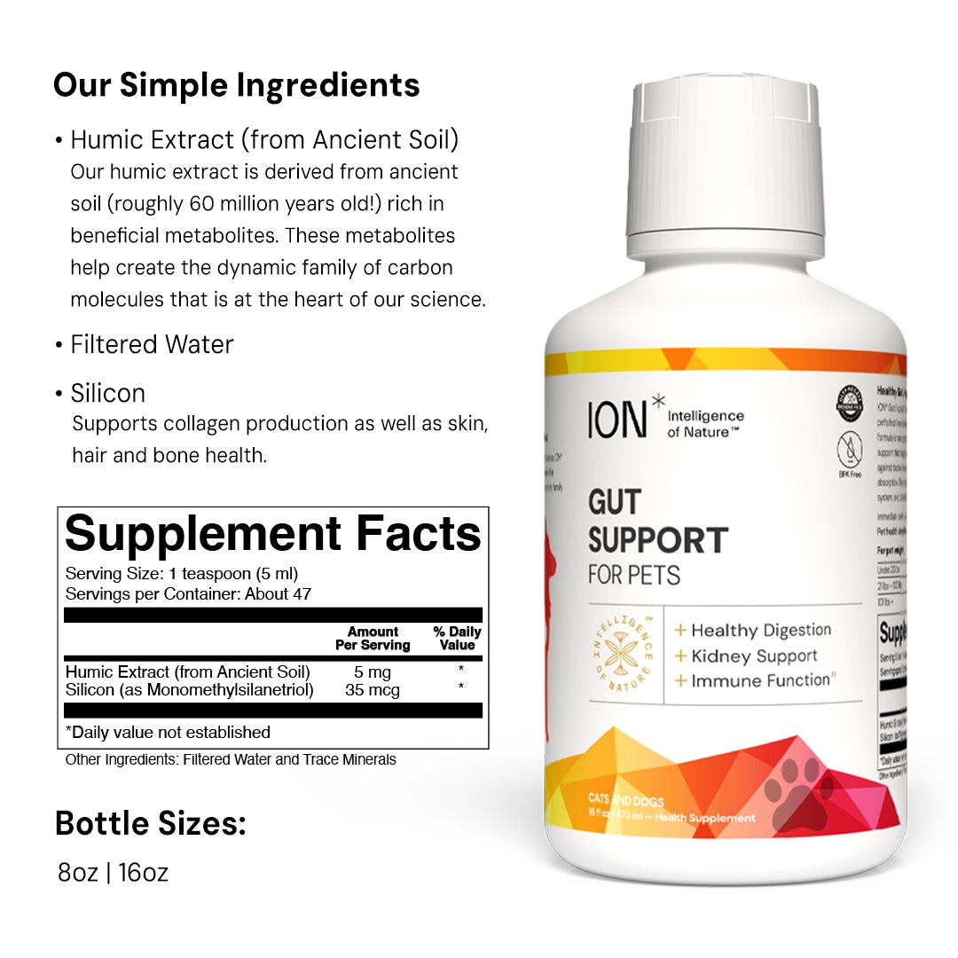 ION Gut Support For Pets supplement bottle with ingredient list and supplement facts