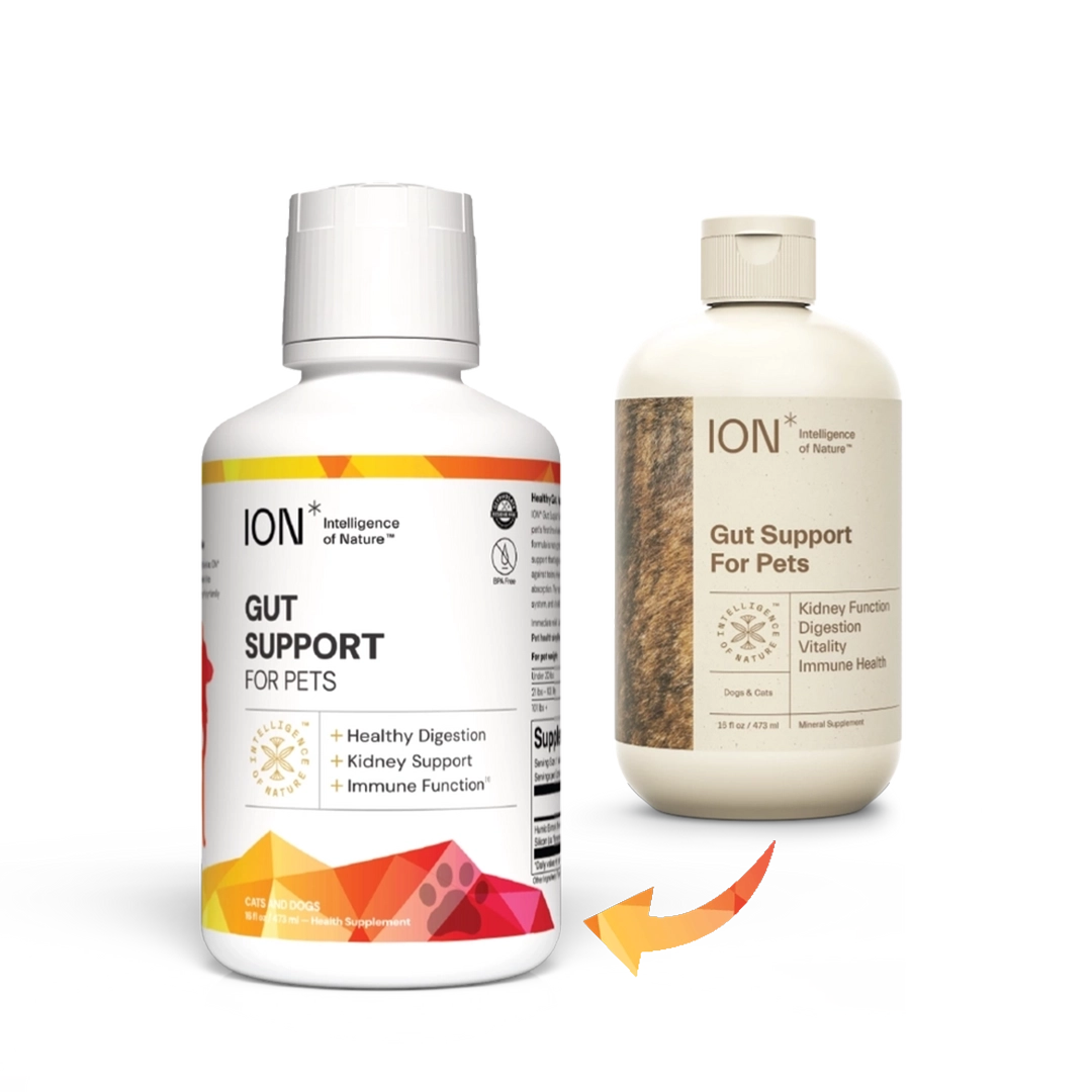 ION Gut Support For Pets bottle with new label + bottle with old label in background
