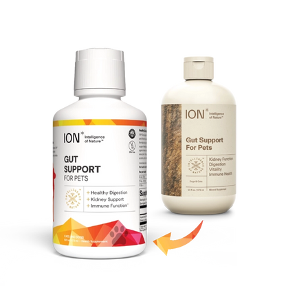 ION Gut Support For Pets bottle with new label + bottle with old label in background

