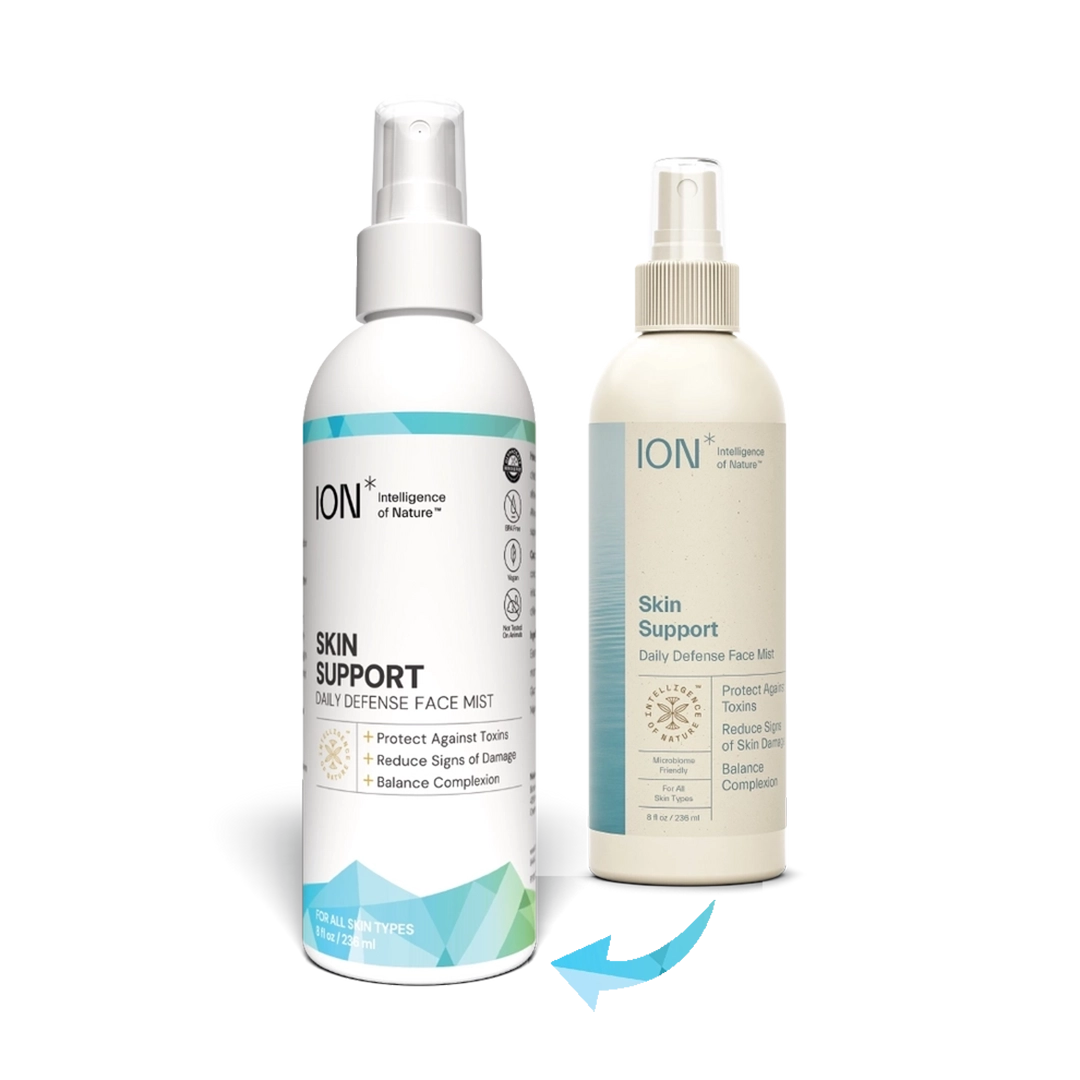 ION Skin Support bottle with new label + bottle with old label in background